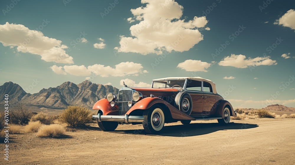 A vintage-style photograph of a classic car on Route 66, with a desert backdrop, taken with the effect of film photography and graininess for a nostalgic feel