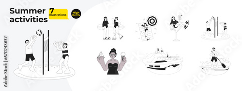 Summer beach activities black and white cartoon flat illustration bundle. Summertime diverse people linear 2D characters isolated. Volleyball players, watersport monochromatic vector image collection