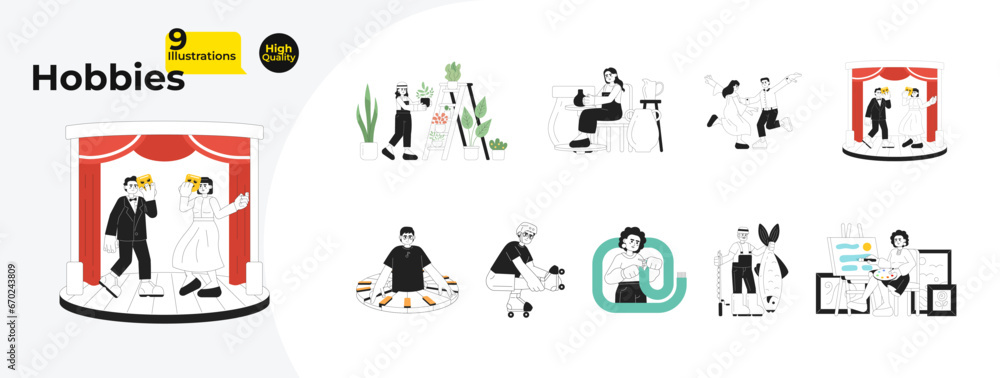 Different hobbies black and white cartoon flat illustration bundle. Multiracial young adults hobbyists linear 2D characters isolated. Theater, planting, dancing monochromatic vector image collection