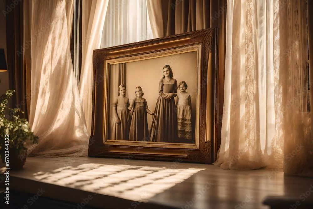 A Canvas Frame for a mockup illuminated by soft sunlight filtering through lace curtains in an old styled family room, highlighting a collection of sepia-toned family photographs