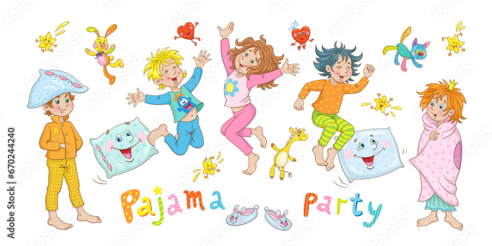 Pajama party. Funny children in pajamas play and jump with toys and pillows. In cartoon style. Isolated on white background. Vector illustration.