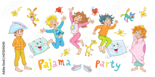 Pajama party. Funny children in pajamas play and jump with toys and pillows. In cartoon style. Isolated on white background. Vector illustration.