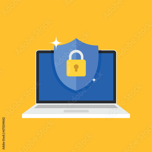 Shield with padlock icon on computer screen. Web security modern flat vector illustration. stock illustration