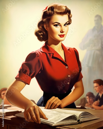 Retro 1960's pin up style postcard of soviet teacher woman in dark red clothes with open book on the table