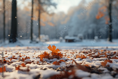 Snowfall softening the faded leaves scattered across a forest floor. AI generative