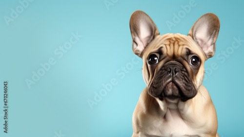 Advertising portrait, banner, very sad pug dog, looks straight, isolated on light blue background © NK Project
