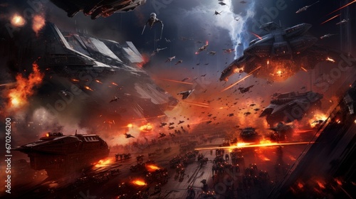 A digital painting of a space battle scene, with intricate spaceships, laser beams, and explosions