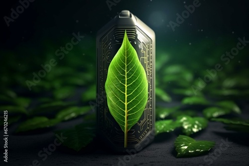 Sustainable battery recharge with nature-friendly leaf symbol, innovative green energy storage tech, carbon neutral 3D rendering. Generative AI