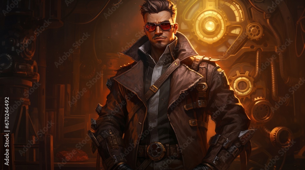 A character concept art of a steampunk inventor with mechanical limbs, wearing goggles and a leather trench coat, in a detailed digital painting with a focus on textures and materials A character concept art of a steampunk inventor with mechanical limbs, wearing goggles and a leather trench coat, in a detailed digital painting with a focus on textures and materials