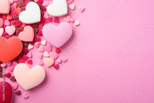 Homemade valentine cookies on pink background with copy space. Gingerbread hearts for Valentine's day. Sugar glazed cookies. Present for holiday, birthday, woman's day 