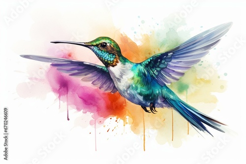 Watercolor painting of a hummingbird flying in a natural habitat. Generative AI