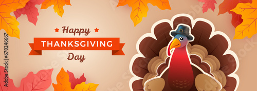 Happy Thanksgiving Day turkey banner with Thanksgiving turkey, fall foliage leaves, and Happy Thanksgiving Day lettering. Vector illustration