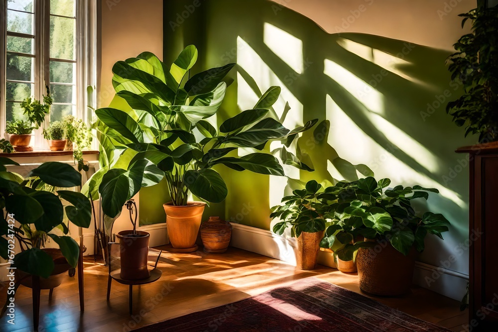 living room with plants, In a cozy living room, bathed in the soft, warm glow of afternoon sunlight, a lush houseplant stands in the corner