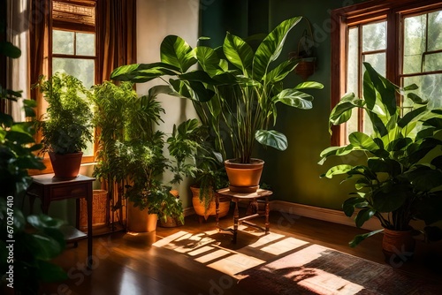 plants in a corner of a room, In a cozy living room, bathed in the soft, warm glow of afternoon sunlight, a lush houseplant stands in the corner
