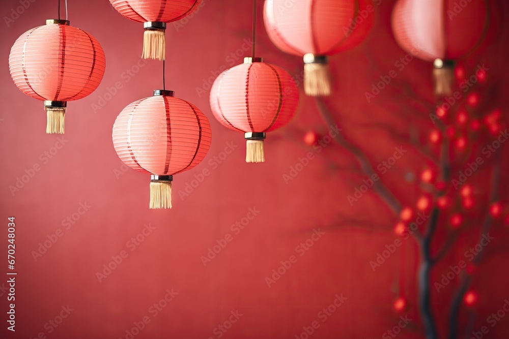 Red hanging lantern traditional Asian decor on red background with flowers. Chinese lantern festival. New Year abstract greeting backdrop with copy space. Design for poster, card, banner Red hanging lantern traditional Asian decor on red background with flowers. Chinese lantern festival. New Year abstract greeting backdrop with copy space. Design for poster, card, banner