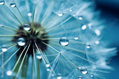 Close-up of dew drops on dandelion seeds against a blue background. Generative AI