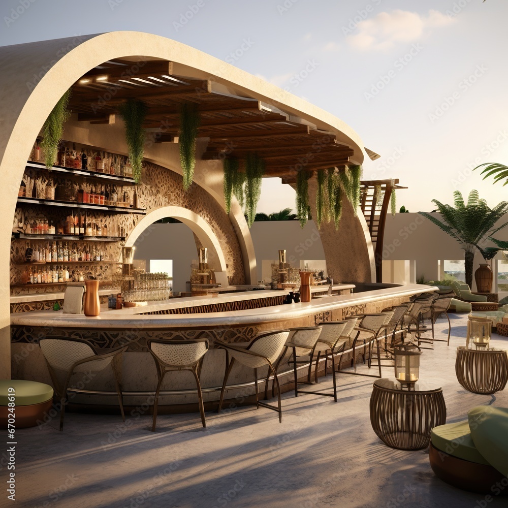 an oasis beer garden on a rooftop with a curved modern bar counter using onyx stone 