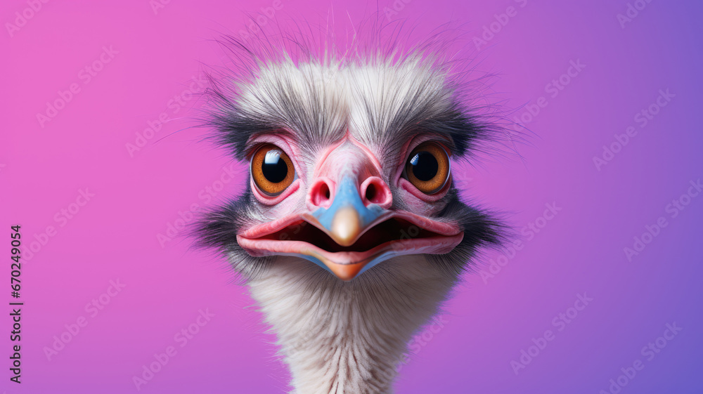 Advertising portrait, banner, serious gray wool color ostrich, looks straight, isolated on purple background