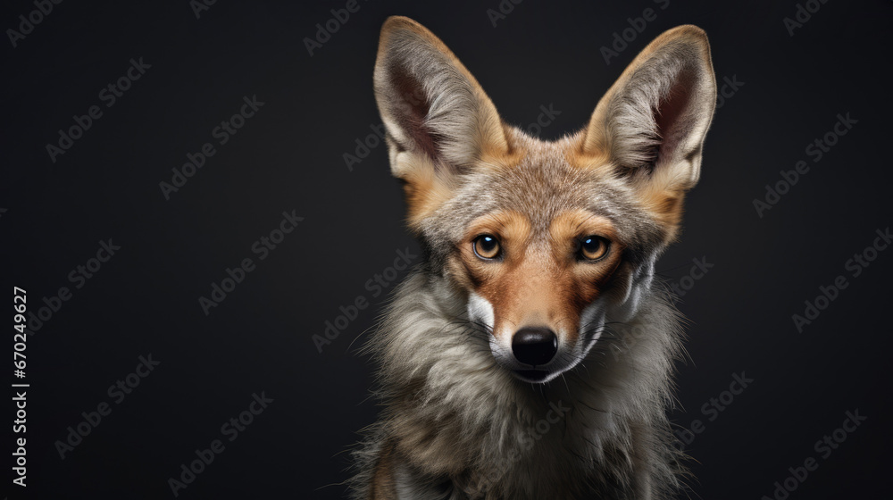 Fototapeta premium Advertising portrait, banner, jackal with ears up, looks straight, isolated on black background