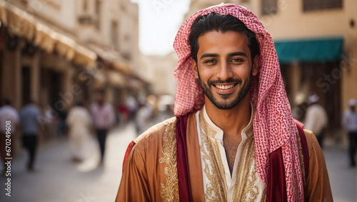 Bellissimo uomo arabo sorridente vestito con l'abito tradizionale in una strada di una città araba photo