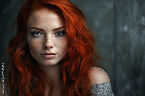 Beautiful young red-haired woman with freckles and blue eyes