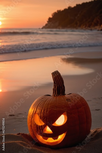 Jack o'lantern pumpkin on a beach at sunset © FadedNeon