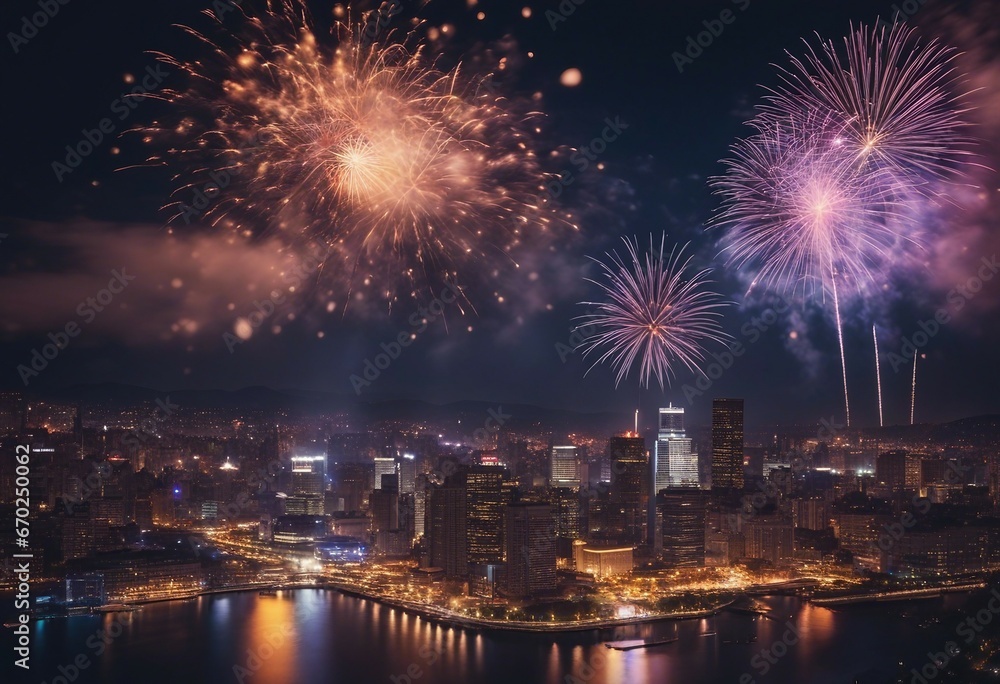 City in Celebration: A Dazzling Display of Fireworks Illuminating the Modern Skyline, Transforming the Night into a Spectacular Celebration