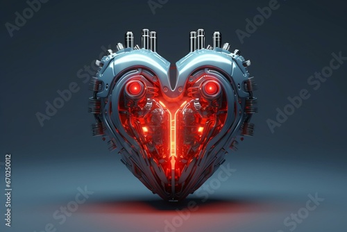 Futuristic robotic heart in steel red with light blue lighting, a replacement organ, 3D rendered on a grey background. Generative AI