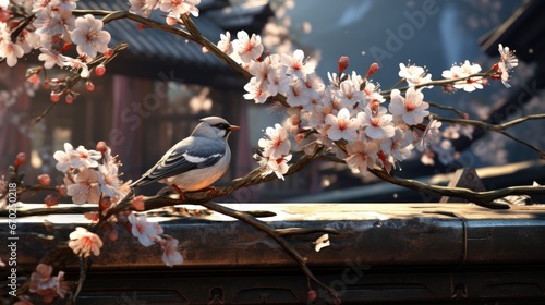 Chines paint of simple flowers and birds hanging.UHD wallpaper