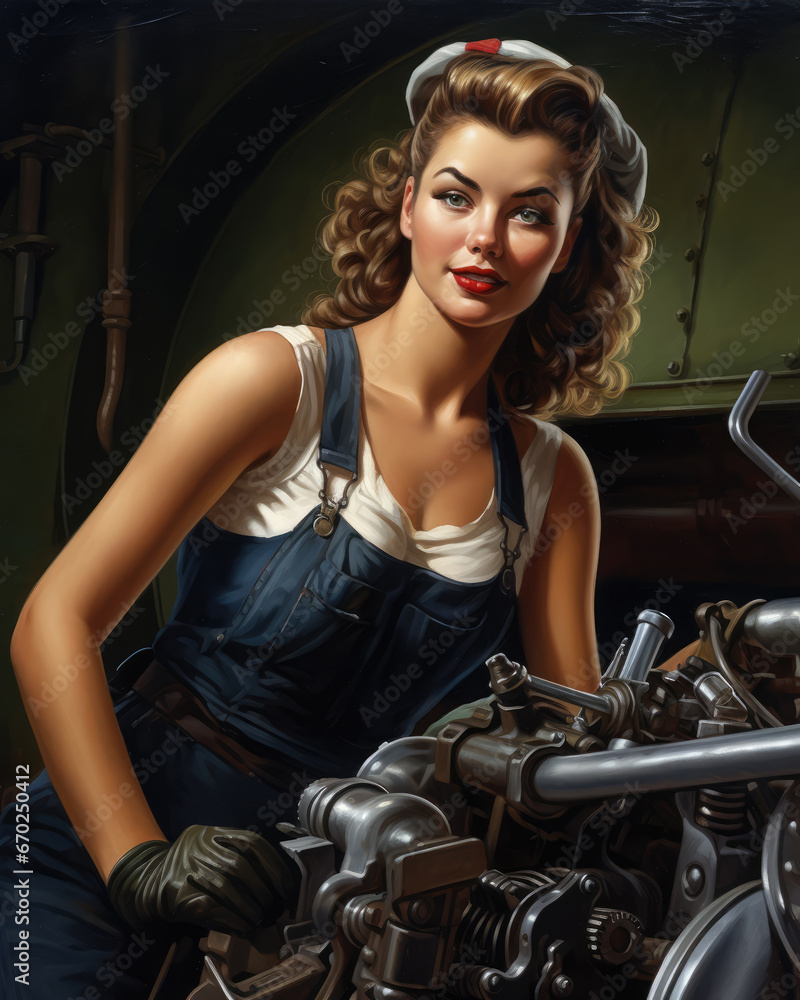 Retro 1960's pin up style postcard of woman mechanic in denim jeans work dress near the car engine Retro 1960's pin up style postcard of woman mechanic in denim jeans work dress near the car engine