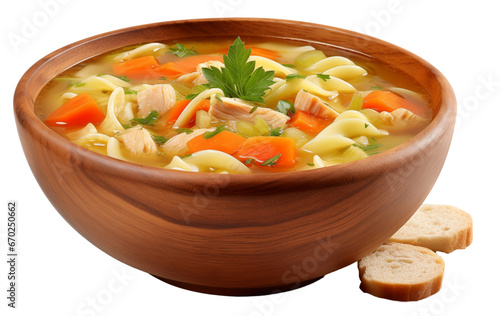 Classic chicken noodle soup with vegetables in a wooden bowl isolated on transparent background