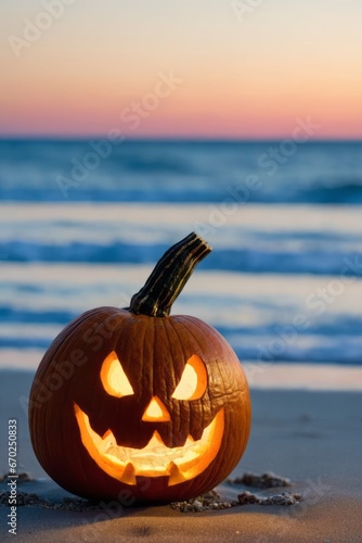 Jack o'lantern pumpkin on a beach at sunset