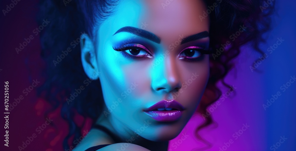 Fashion female model in colorful bright neon blue and purple lights. Glitter vivid neon makeup, trendy glowing make-up concept	