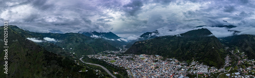 Beautiful aerial view of the Ecuadorian Andes at sunset. City of Banos.