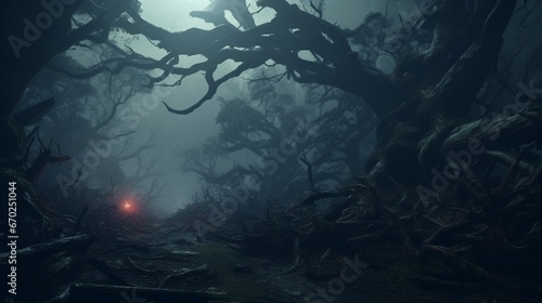 An enigmatic Myrtle forest with ancient  gnarled trees surrounded by a mysterious mist at midnight.