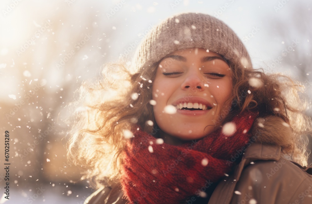 Smiling girl in frosty snowy winter park. Sunny day with flying snowflakes. Joyful beauty young woman having fun. happy teenage girl in the snow Smiling girl in frosty snowy winter park. Sunny day with flying snowflakes. Joyful beauty young woman having fun. happy teenage girl in the snow