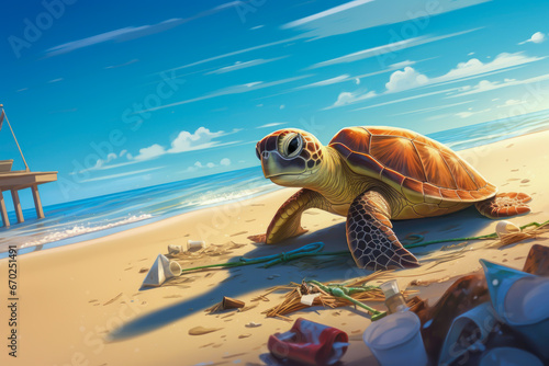 Clean a beach save a turtle. social responsability concept