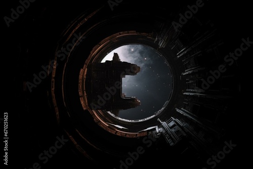 Dark backdrop with a portal on a spacecraft. Generative AI