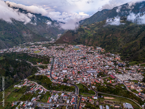 Beautiful aerial view of the Ecuadorian Andes at sunset. City of Banos.