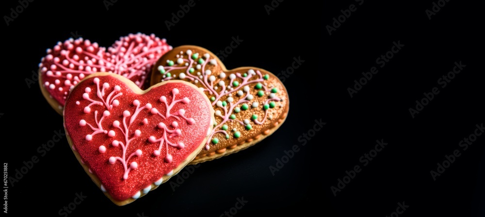 Fototapeta premium Decorated heart shaped cookies for Valentines day. sweet love concept, copy space 