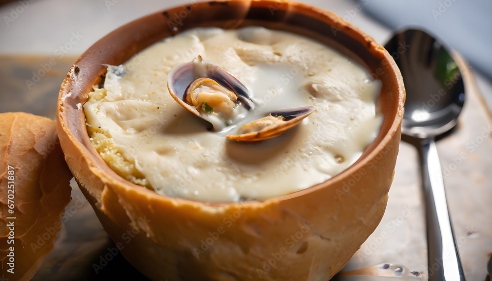A macro shot of a steaming cup of creamy clam chowder in a bread bowl A macro shot of a steaming cup of creamy clam chowder in a bread bowl