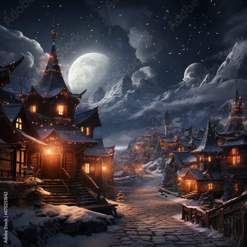 village street in winter, exteriors of houses decorated for Christmas or New Year's holiday, snow, street lights, festive environment