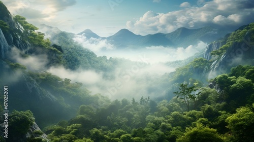 Fotografie, Obraz An ethereal, mist-covered valley where the Celestial Cinnamon Ferns thrive, creating a dreamlike scene