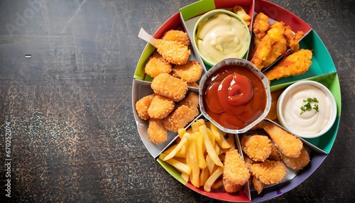 colorful tray filled with an assortment of chicken nuggets,