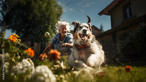 Joyful Day with an Elderly Woman and Her Gray & White Border Collie Playing Ball in the Sun