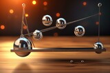 Two concepts, consistency and success, depicted as metal balls in a Newton's cradle, transferring energy and momentum in relation. Labelled 3D illustration. Generative AI