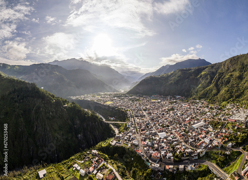 Beautiful aerial view of the Ecuadorian Andes at sunset. City of Banos.