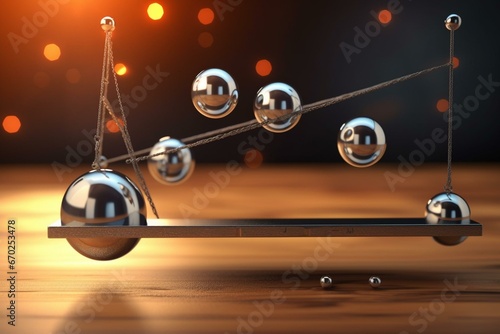 Two concepts, consistency and success, depicted as metal balls in a Newton's cradle, transferring energy and momentum in relation. Labelled 3D illustration. Generative AI photo