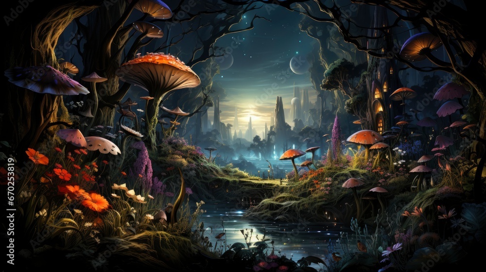 Fototapeta premium Beautiful fairy world landscape. fantasy background for journals, prints, background and backdrops.