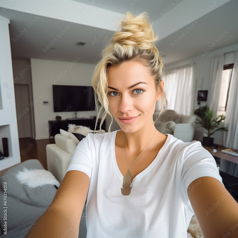 Selfie blonde young woman casual clothing, smile relax friendly, wearing simple clean withe t-shirt Selfie blonde young woman casual clothing, smile relax friendly, wearing simple clean withe t-shirt
